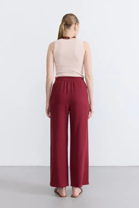 Bol Paça Keten Pantolon - Bordo - 5