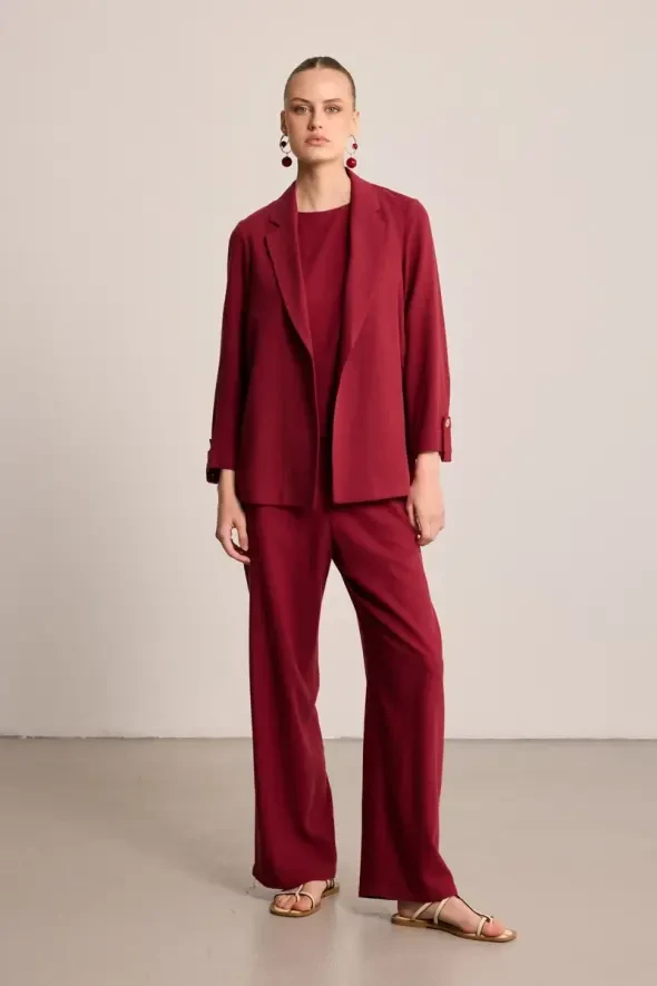 Bol Paça Keten Pantolon - Bordo - 2
