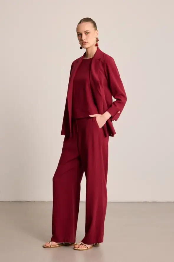 Bol Paça Keten Pantolon - Bordo - 4