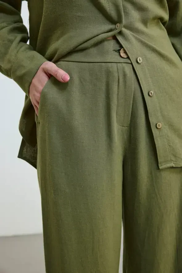 Bol Paça Keten Pantolon - Haki - 4