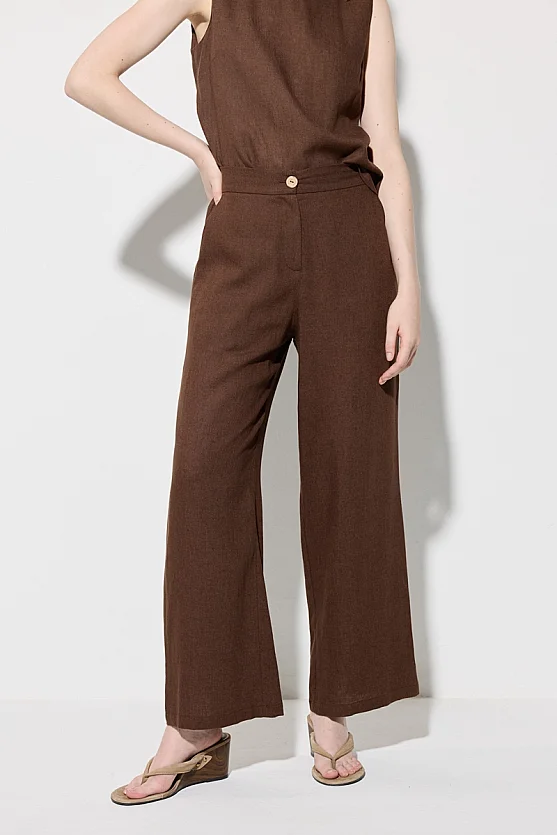 Bol Paça Keten Pantolon - Kahverengi - Gusto