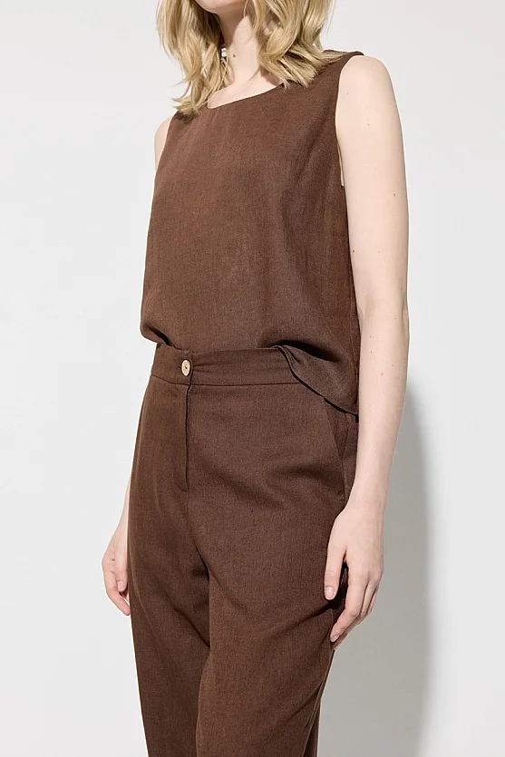 Bol Paça Keten Pantolon - Kahverengi - 5