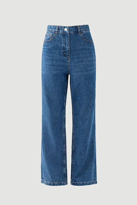 Bol Paça Yüksek Bel Denim Pantolon - Lacivert - 8