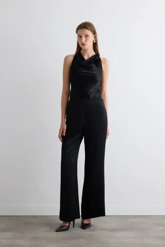 Bol Paça Saten Pantolon - Siyah - Gusto