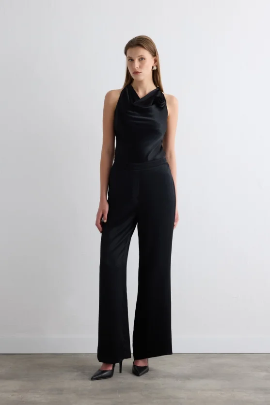 Bol Paça Saten Pantolon - Siyah - Gusto