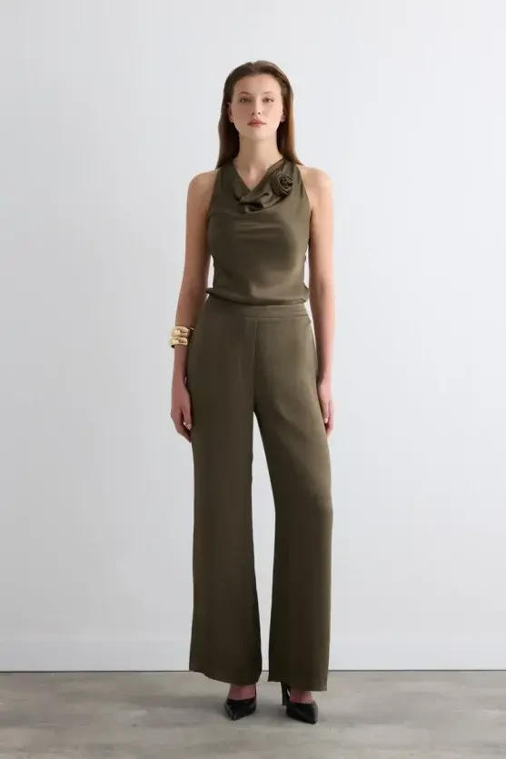 Bol Paça Saten Pantolon - Yeşil - Gusto