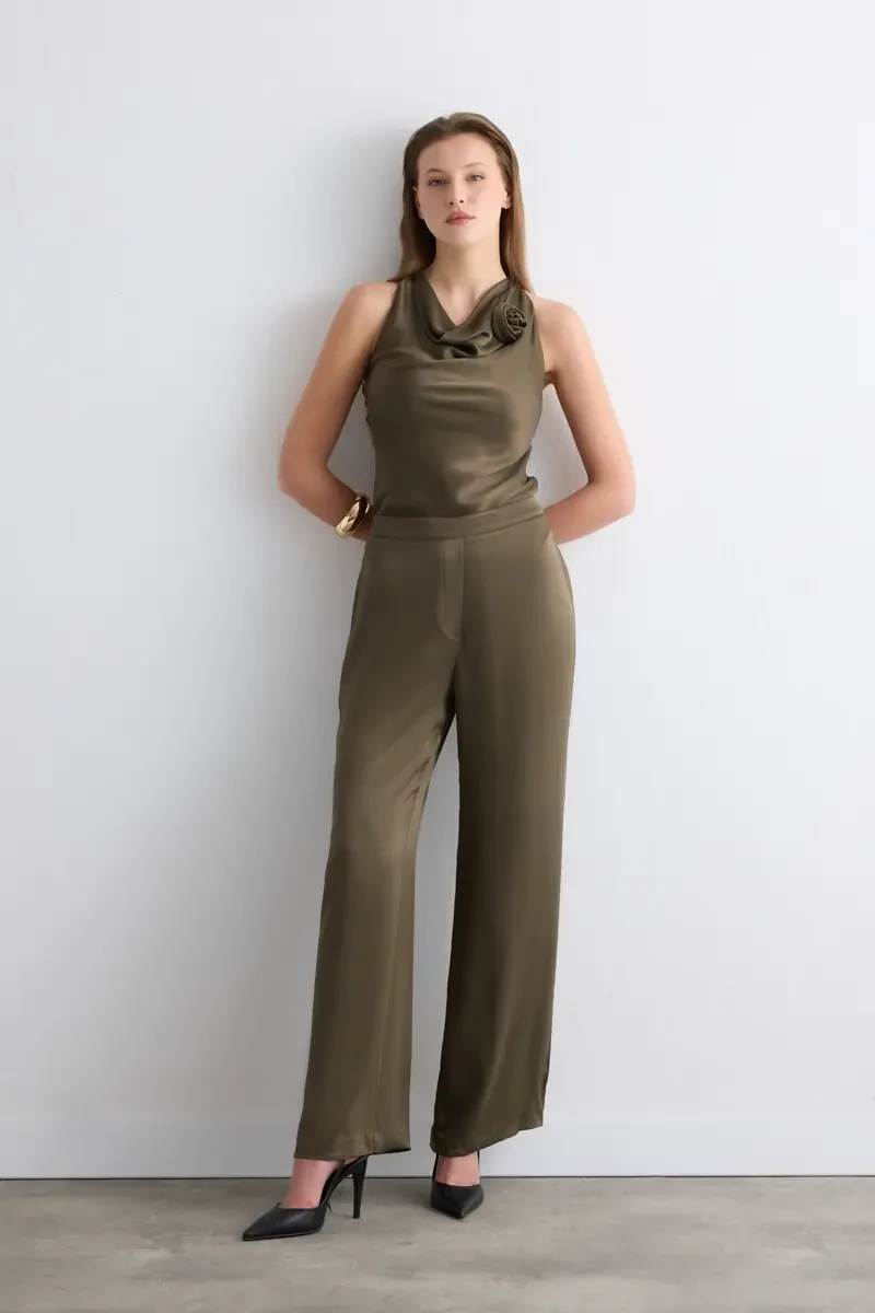 Bol Paça Saten Pantolon - Yeşil