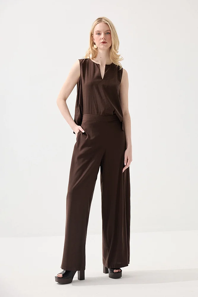 Wide Leg Tencel Pants - Brown - Gusto