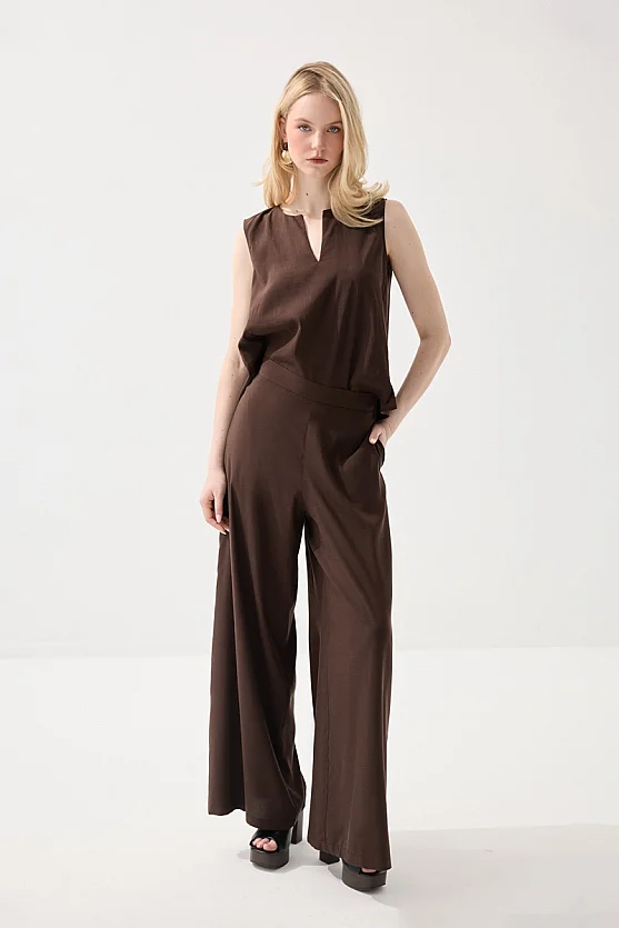 Wide Leg Tencel Pants - Brown - Gusto