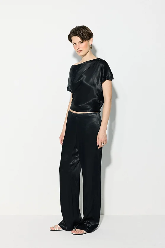Bol Paça Viskon Saten Pantolon - Siyah - Gusto