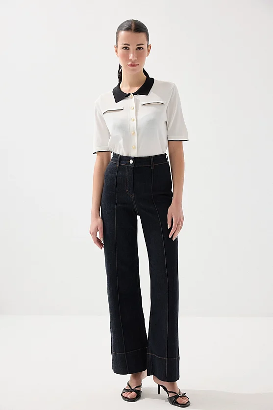 Bol Paçalı Nervür Dikişli Tensel Denim Pantolon - Lacivert - 2