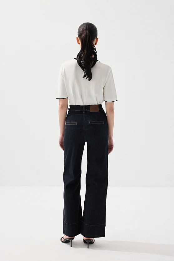 Bol Paçalı Nervür Dikişli Tensel Denim Pantolon - Lacivert - 7