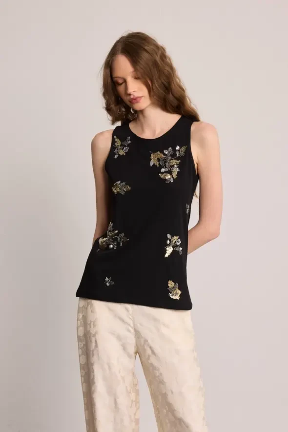 Sleeveless Blouse with Bead Embellishment - Black - 1