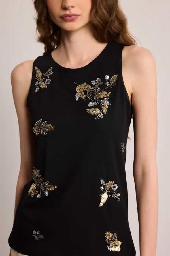 Sleeveless Blouse with Bead Embellishment - Black - 3
