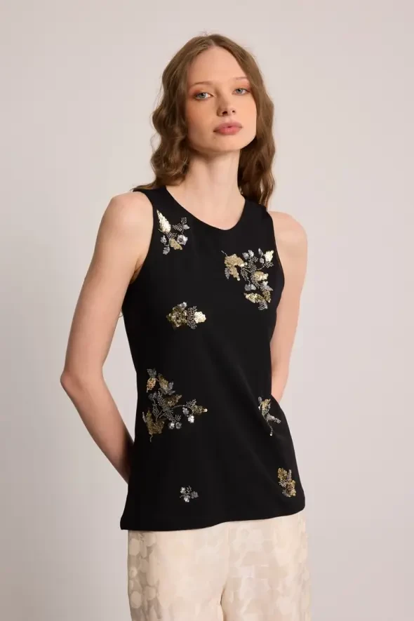 Sleeveless Blouse with Bead Embellishment - Black - 4