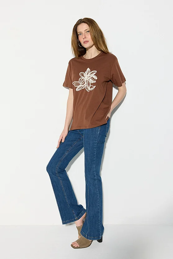 Boncuk İşlemeli Nakışlı Pamuk T-shirt - Kahverengi - 3