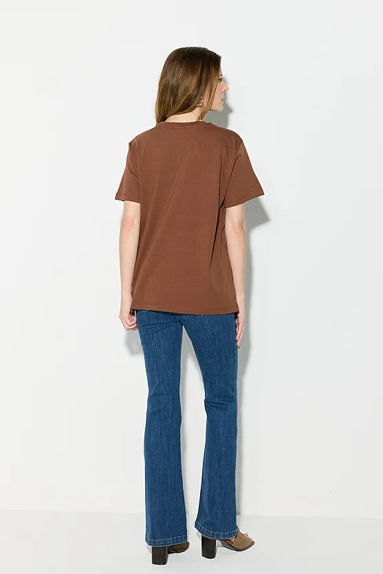 Boncuk İşlemeli Nakışlı Pamuk T-shirt - Kahverengi - 4