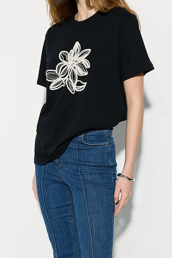 Boncuk İşlemeli Nakışlı Pamuk T-shirt - Siyah - Gusto