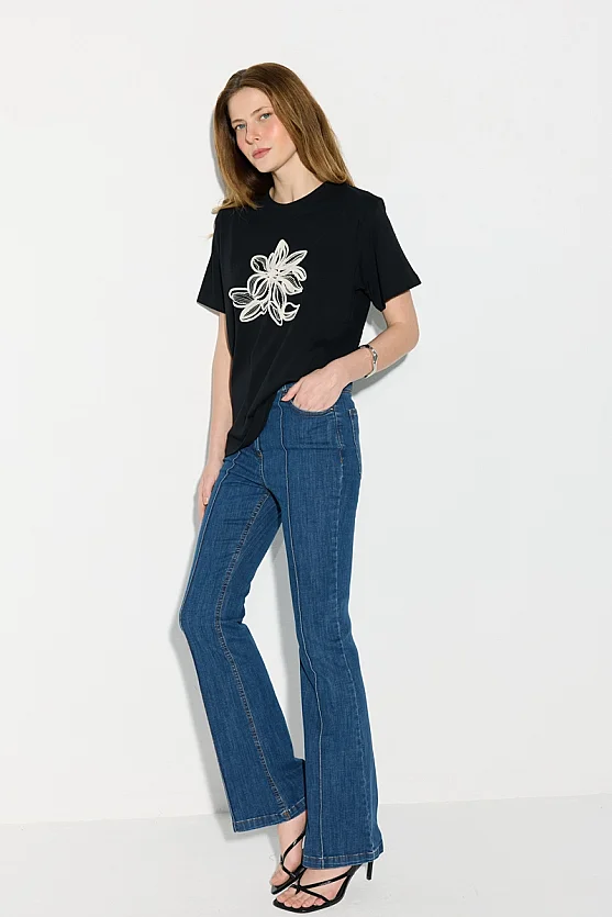 Boncuk İşlemeli Nakışlı Pamuk T-shirt - Siyah - 5