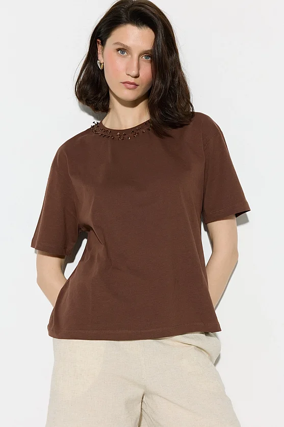 Boncuk İşlemeli Rahat Kesim Pamuk T-shirt - Kahverengi - 4