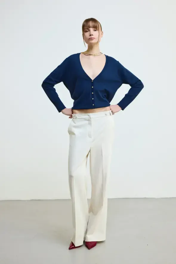 Boru Paça Beli Düğmeli Kumaş Pantolon - Ekru - 3
