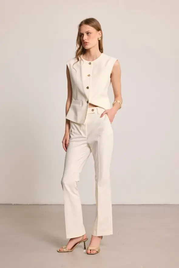 Boru Paça Keten Karışımlı Pantolon - Ekru - 3