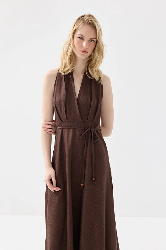 Anvelop Kesim Beli İp Kemerli Kloş Elbise - Kahverengi - Gusto