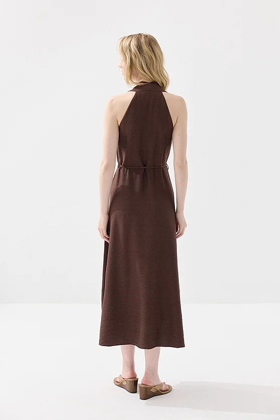 Anvelop Kesim Beli İp Kemerli Kloş Elbise - Kahverengi - Gusto