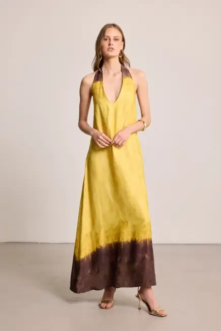 Boyundan Bağlı Uzun Saten Elbise - Sarı Sarı