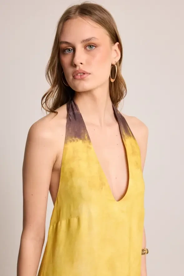 Boyundan Bağlı Uzun Saten Elbise - Sarı - Gusto