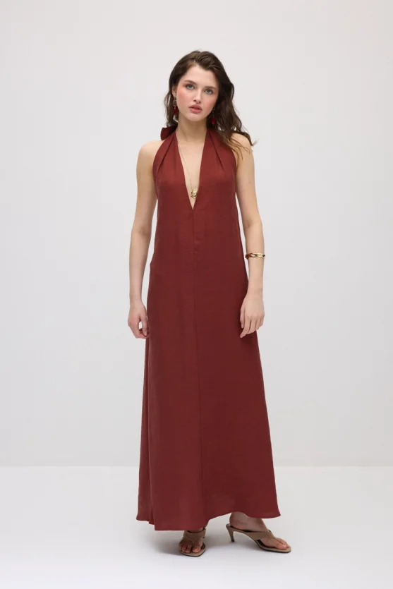 Boyundan Bağlı Uzun Tencel Elbise - Kiremit - 3