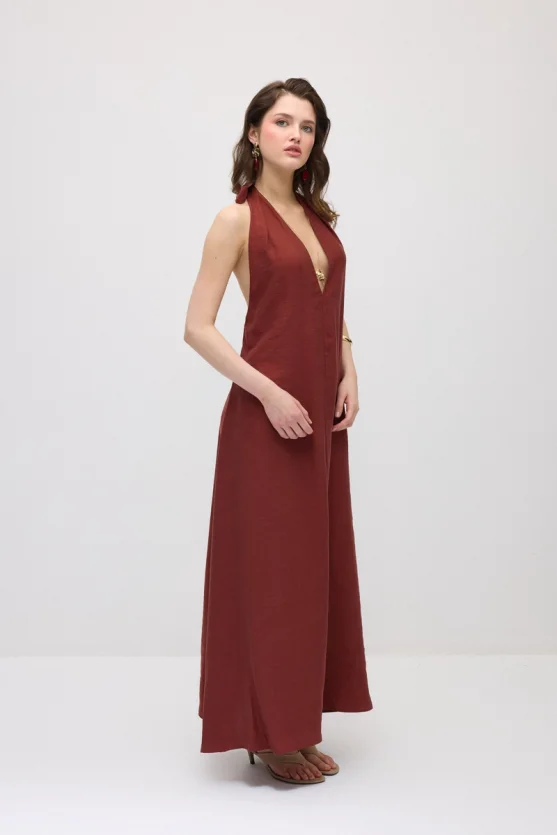 Boyundan Bağlı Uzun Tencel Elbise - Kiremit - 4