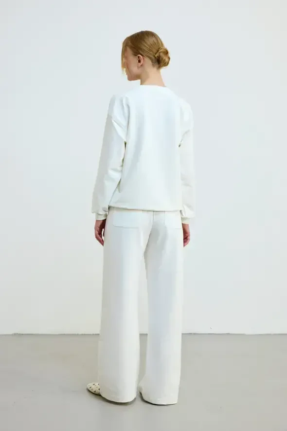 Brode İşlemeli Pamuklu Sweatshirt - Ekru - 4