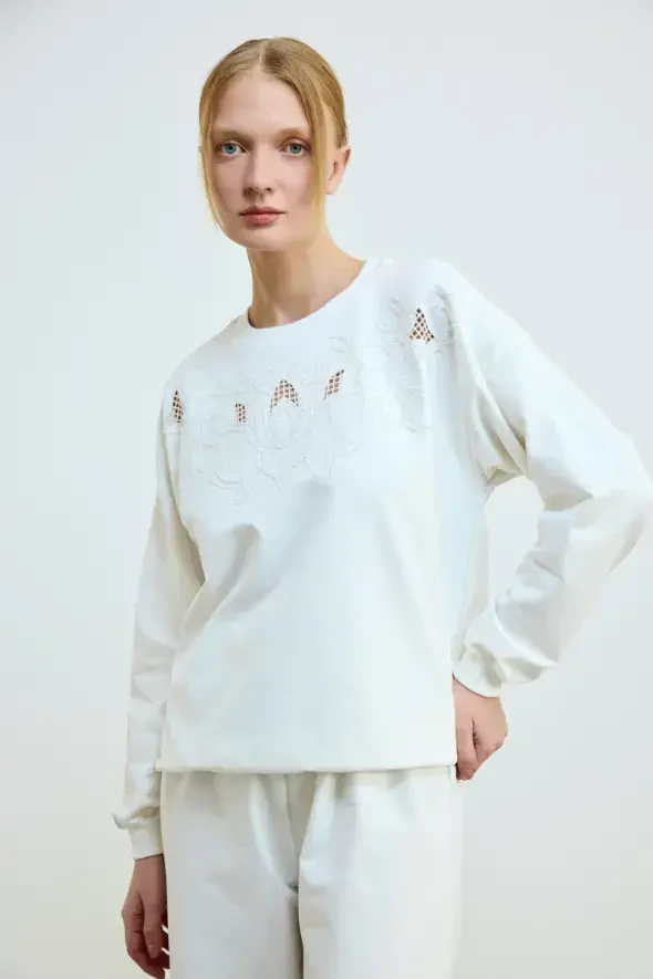 Brode İşlemeli Pamuklu Sweatshirt - Ekru - 1
