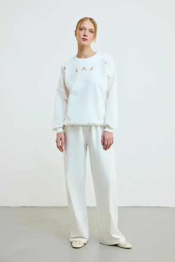 Brode İşlemeli Pamuklu Sweatshirt - Ekru - 2