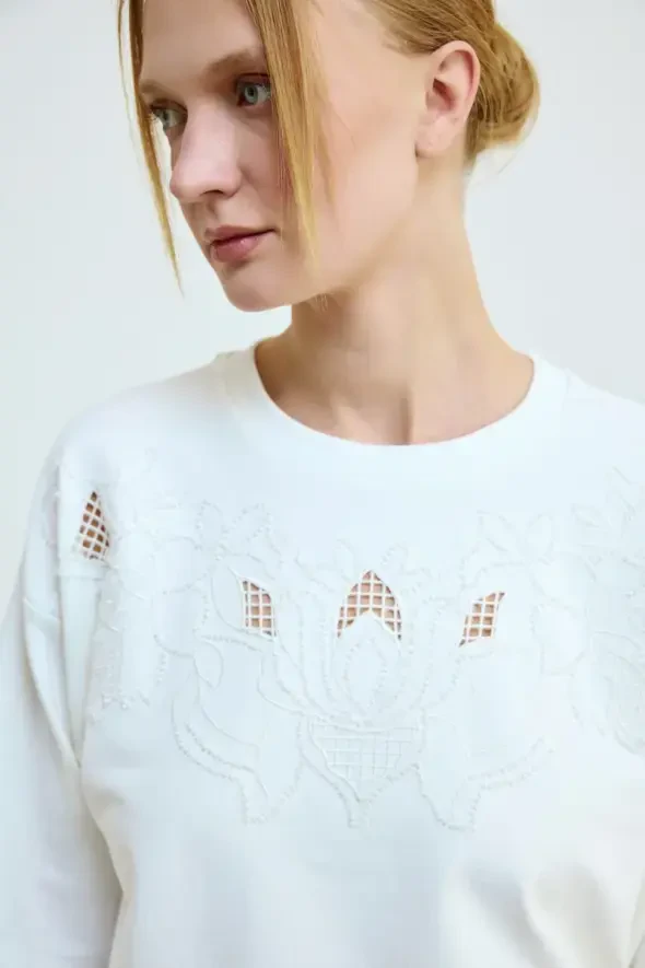 Brode İşlemeli Pamuklu Sweatshirt - Ekru - 3