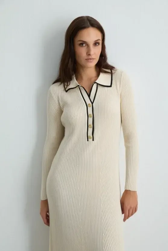Button-Detail Polo Neck Knit Dress - Ecru - 8