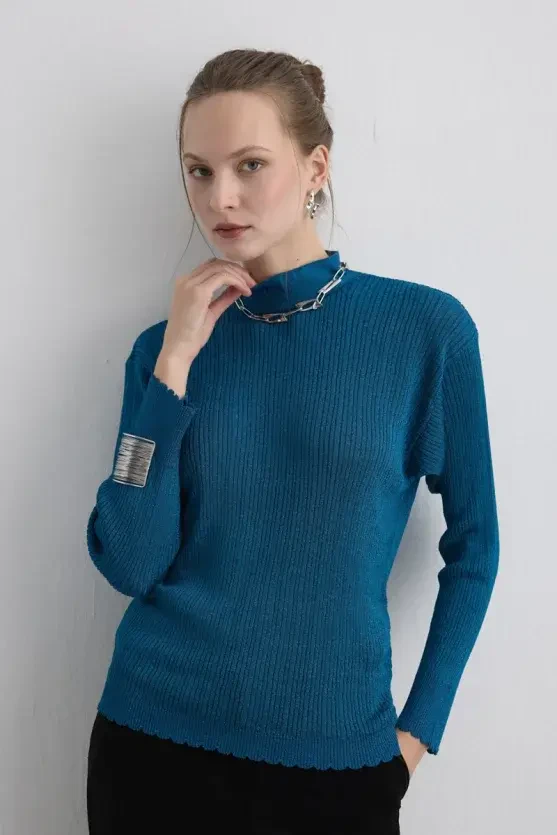 Button-Neck Rayon Knit Blouse - Blue - Gusto