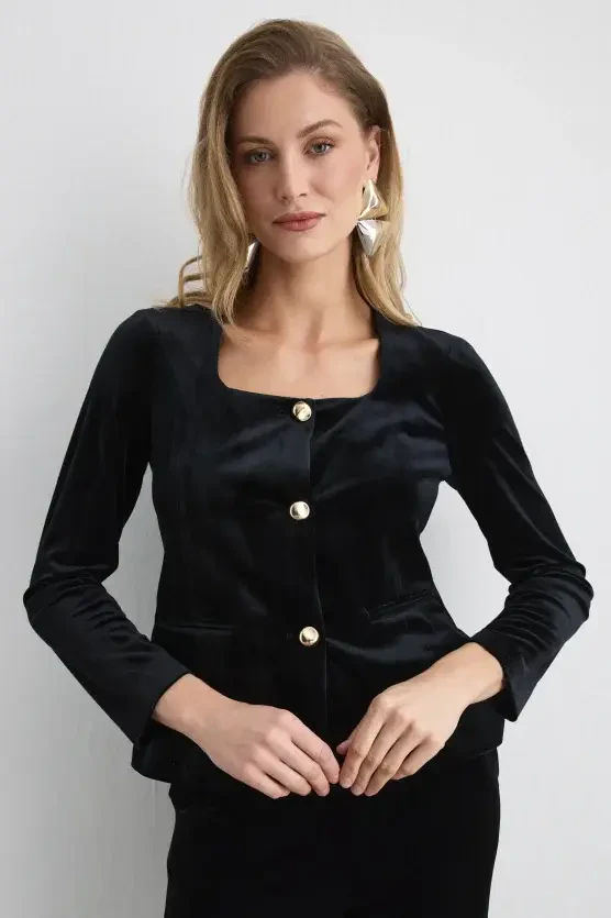 Buttoned Velvet Jacket - Black - Gusto