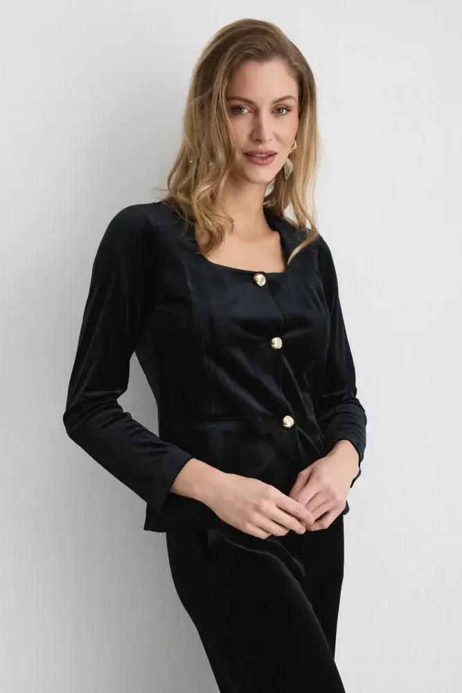 Buttoned Velvet Jacket - Black Black