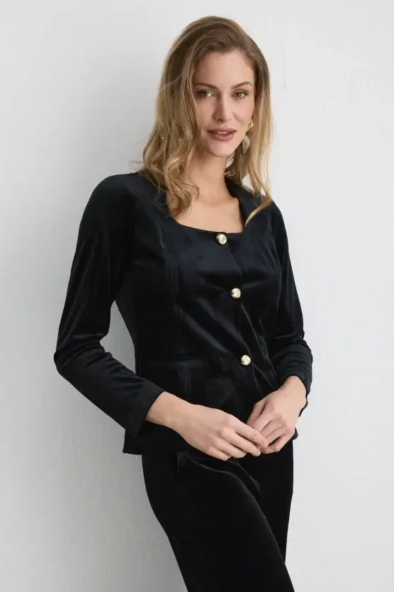 Buttoned Velvet Jacket - Black - 1