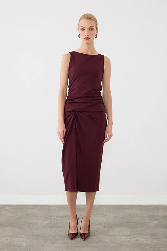 Büzgülü Kayık Yaka Lycrali Bluz - Bordo - 2