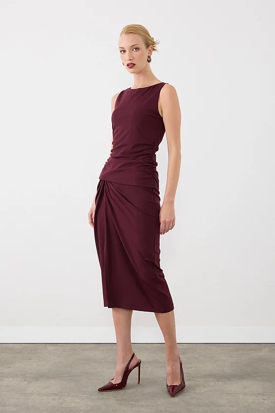 Büzgülü Kayık Yaka Lycrali Bluz - Bordo - 5