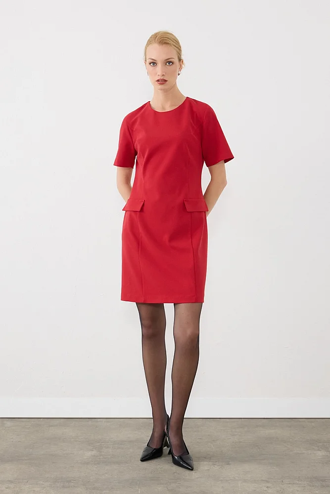 Cep Detaylı Mini Elbise - Kırmızı Red