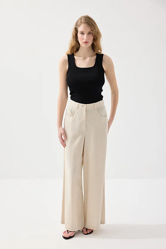 Cepli Bol Paça Keten Pantolon - Bej - 4