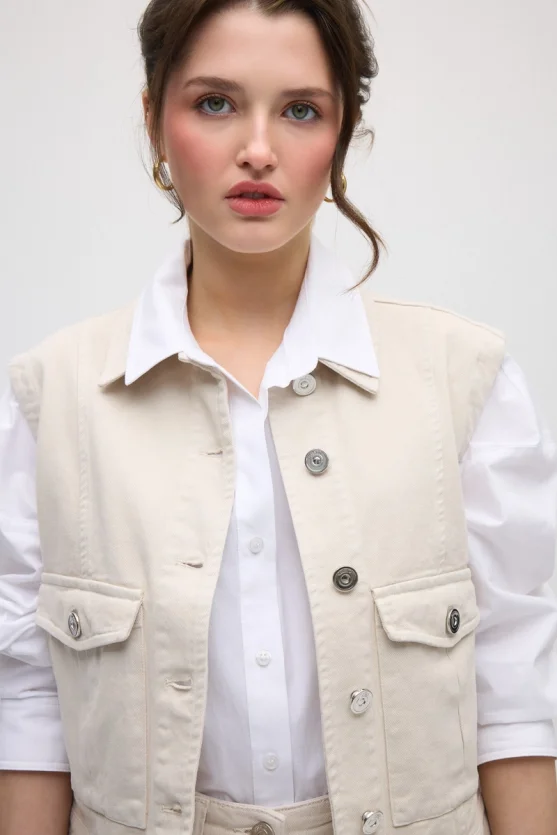 Cepli Denim Yelek - Bej - 5