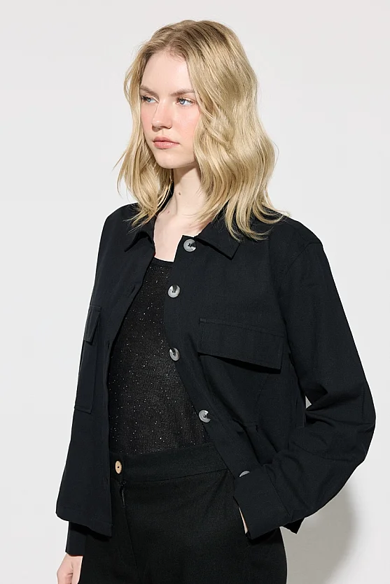 Cepli Keten Gömlek Ceket - Siyah - Gusto