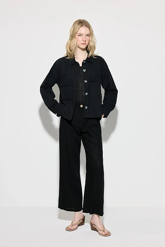 Cepli Keten Gömlek Ceket - Siyah - Gusto