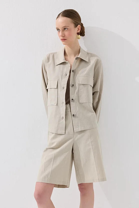 Cepli Keten Gömlek Ceket - Taş - Gusto