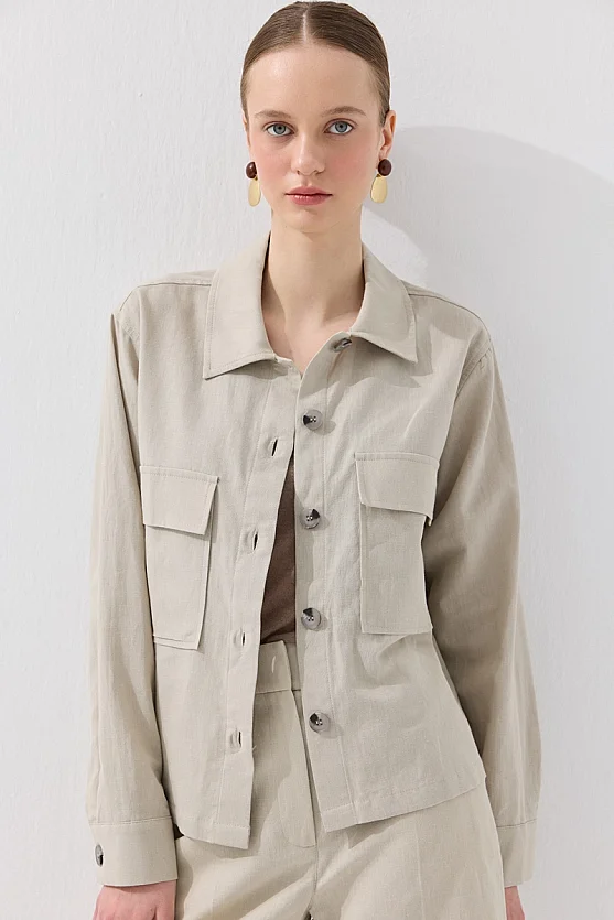 Cepli Keten Gömlek Ceket - Taş - Gusto